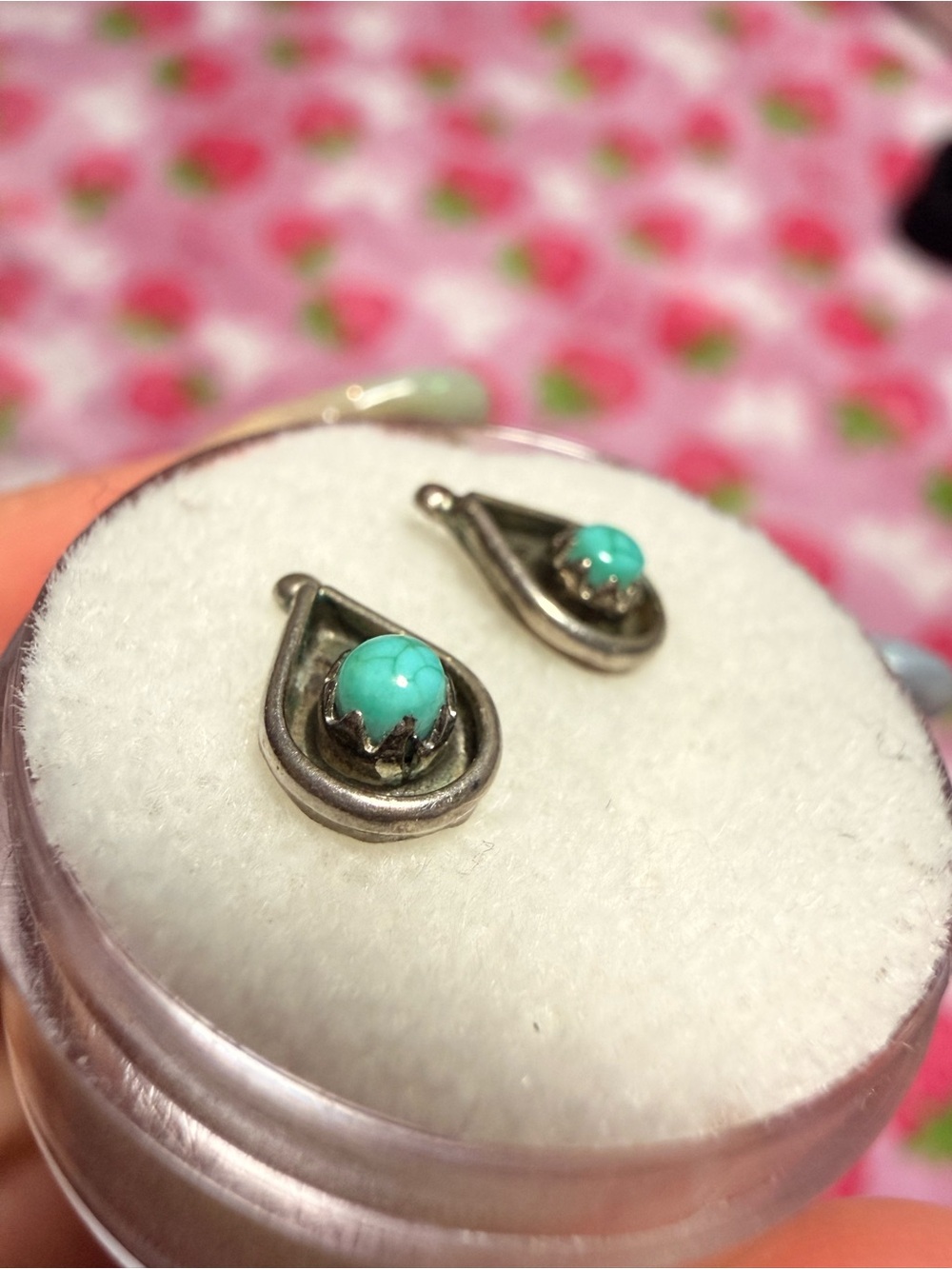 Vintage Southwestern Teardrop Shadow Box Turquoise Stud Earrings Sterling Silver - Picture 5 of 8